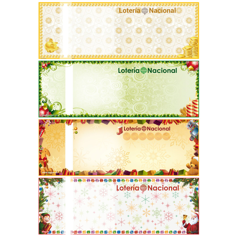 Hoja de papel Multicolor ASG con 4 participaciones de Lotería Nacional en 4 diseños