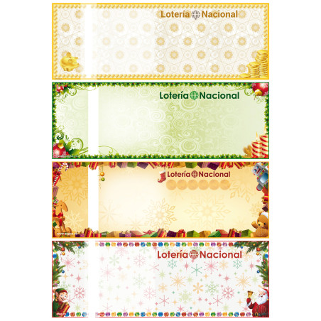 Hoja de papel Multicolor ASG con 4 participaciones de Lotería Nacional en 4 diseños