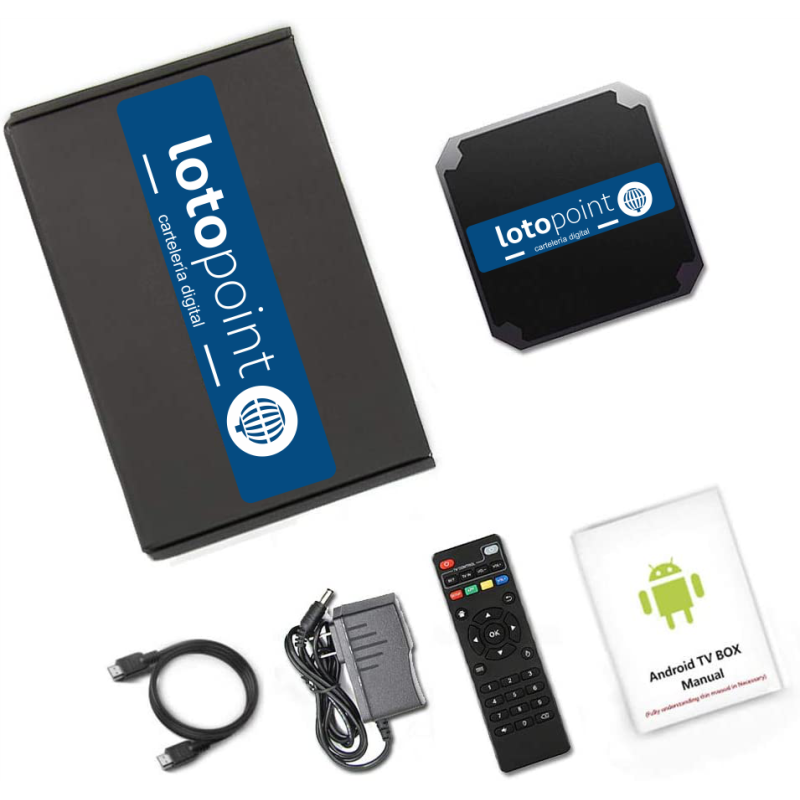 Contenido del Kit TV LotoPoint+: dispositivo Android, mando, cable HDMI y alimentador