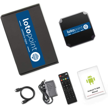 Contenido del Kit TV LotoPoint+: dispositivo Android, mando, cable HDMI y alimentador