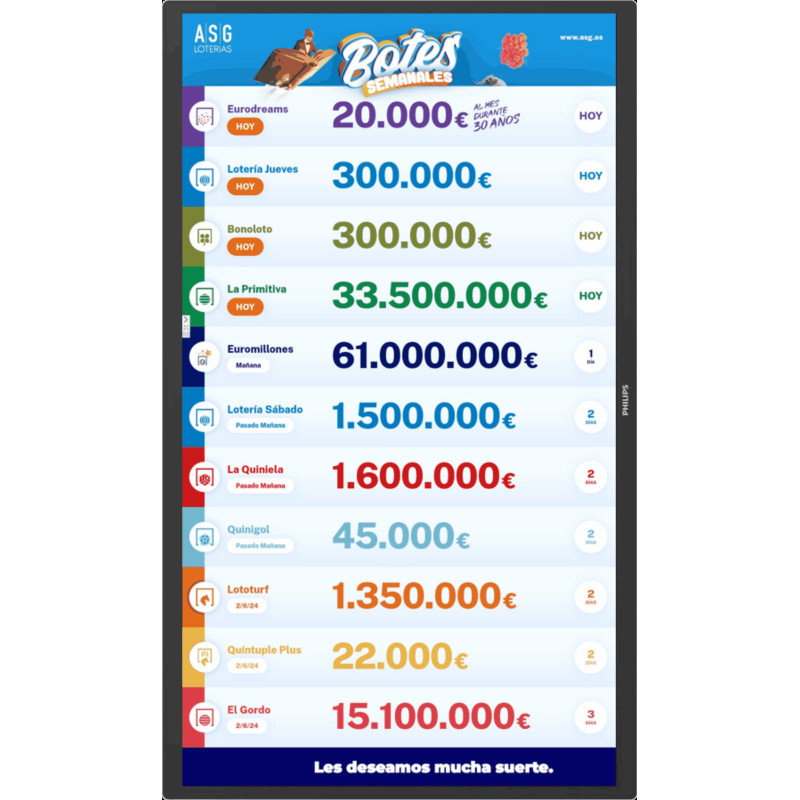 Cartel digital de botes LotoPoint TV en vertical para administración de lotería