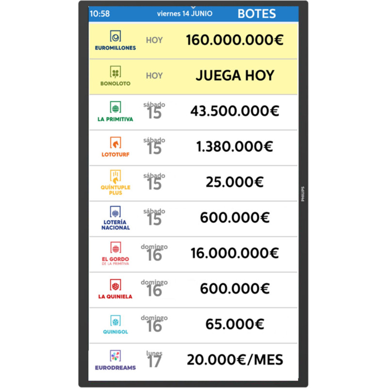 Pantalla LotoPoint TV en vertical con la lista de botes en juego