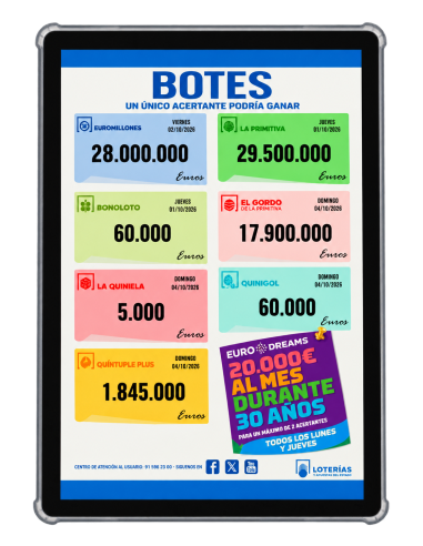 LotoPoint Tablet 14 de ASG mostrando carteles de botes de lotería