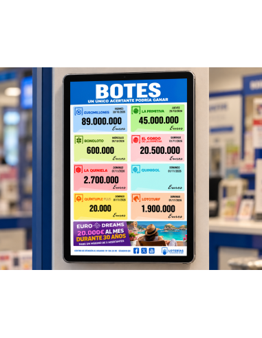 Tablet LotoPoint 14 con los botes en juego en una administración de lotería