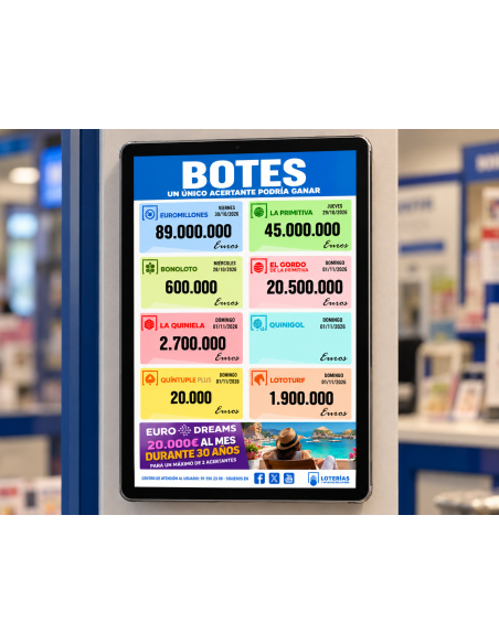 Tablet LotoPoint 14 con los botes en juego en una administración de lotería