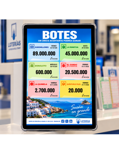 Tablet LotoPoint 14 en el escaparate de una administración de lotería